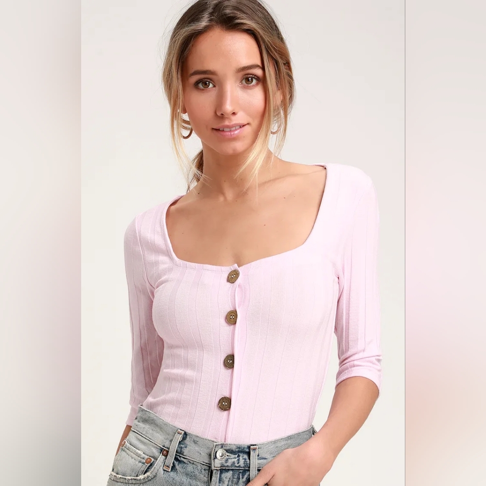Free People Small Central Park Light Pink Three-Quarter Sleeve Ribbed Shirt Top